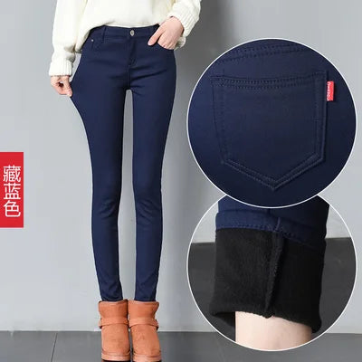 Damen Samt-Leggings Warm Gefüttert Winter – Denim-Optik Winterhose