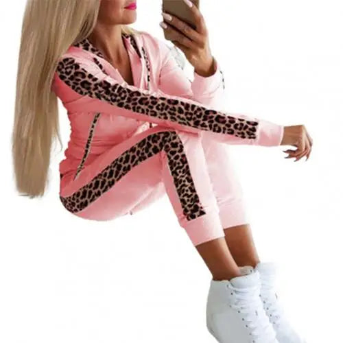 Damen Sweatset Langarm Kapuze Leopard Zwei Teile Bequem Streetwear Kordelzug