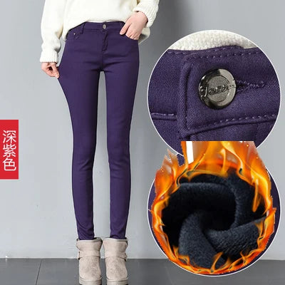 Damen Samt-Leggings Warm Gefüttert Winter – Denim-Optik Winterhose