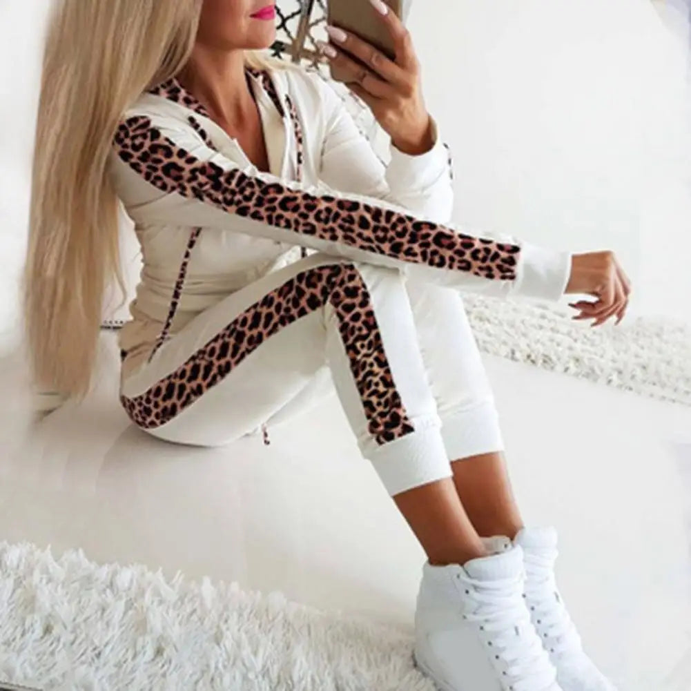 Damen Sweatset Langarm Kapuze Leopard Zwei Teile Bequem Streetwear Kordelzug