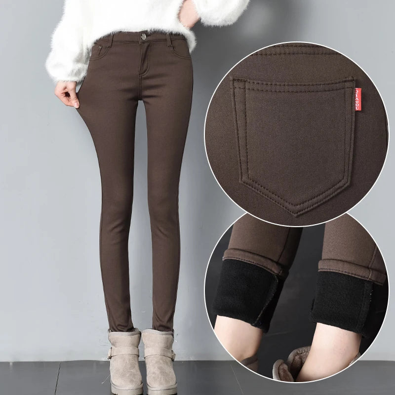 Damen Samt-Leggings Warm Gefüttert Winter – Denim-Optik Winterhose