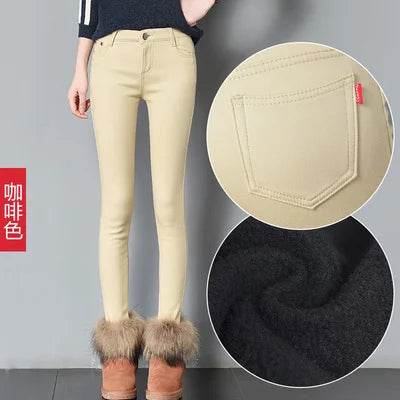 Damen Samt-Leggings Warm Gefüttert Winter – Denim-Optik Winterhose