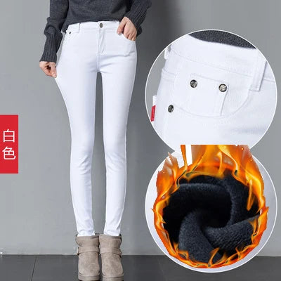 Damen Samt-Leggings Warm Gefüttert Winter – Denim-Optik Winterhose