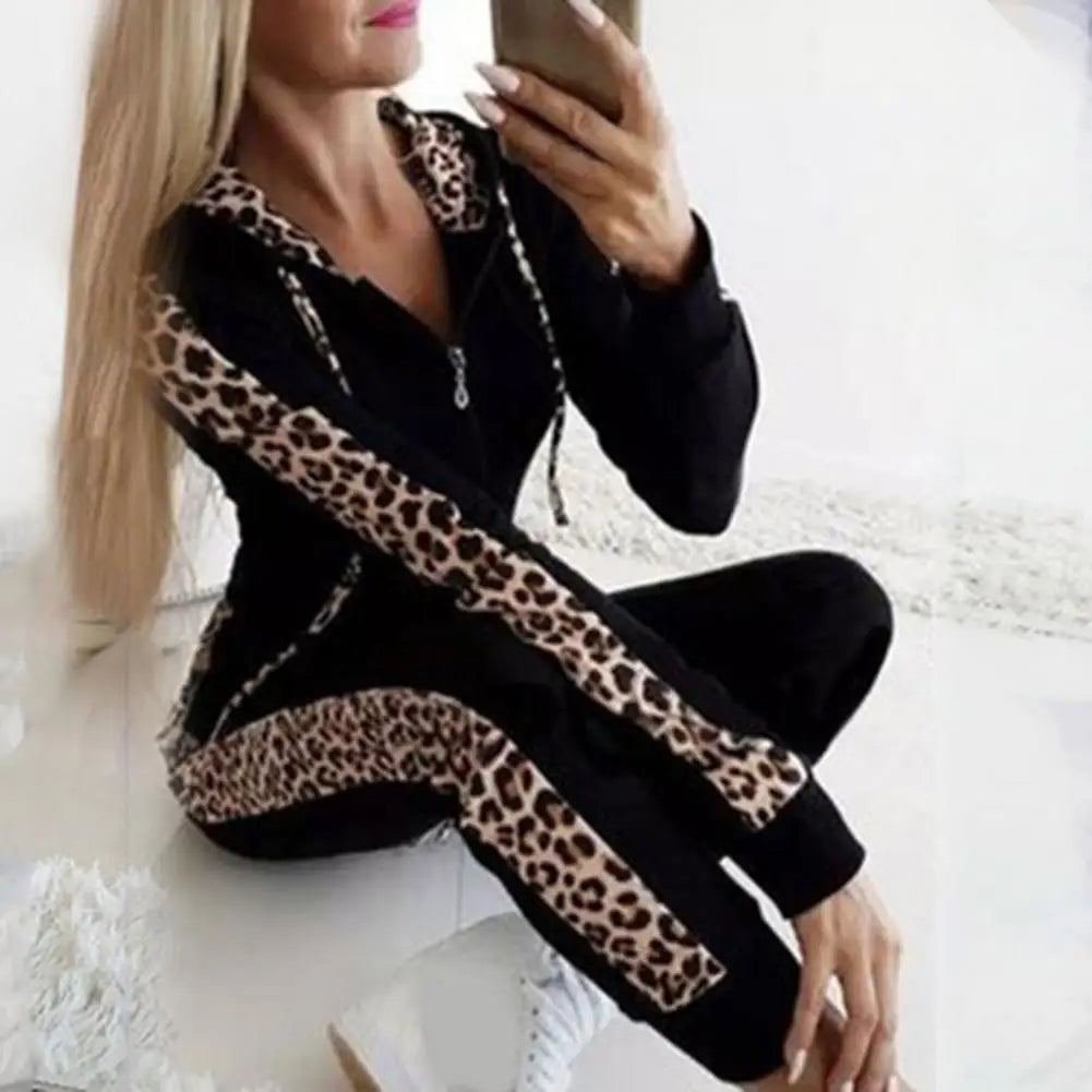 Damen Sweatset Langarm Kapuze Leopard Zwei Teile Bequem Streetwear Kordelzug