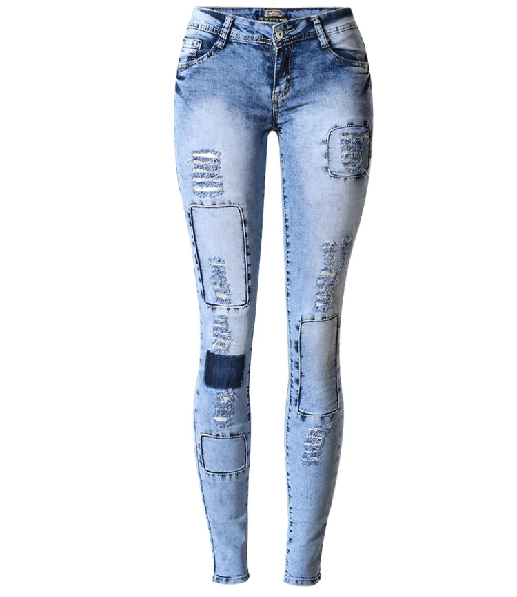 Damen Jeans Leggings Patchwork Stretch Midrise
