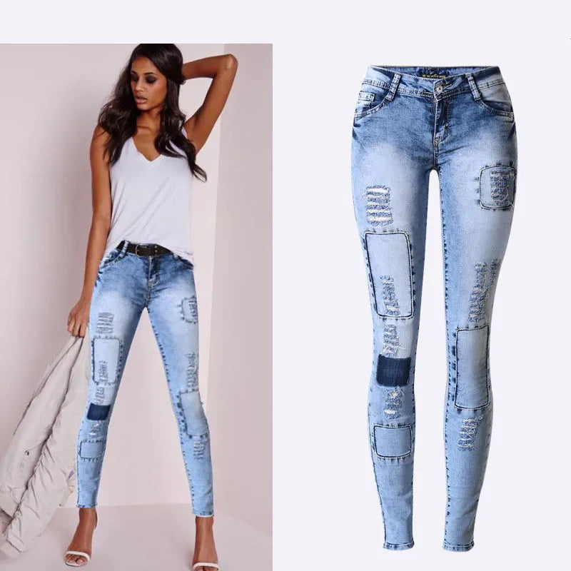 Damen Jeans Leggings Patchwork Stretch Midrise