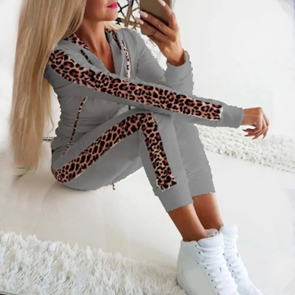 Damen Sweatset Langarm Kapuze Leopard Zwei Teile Bequem Streetwear Kordelzug