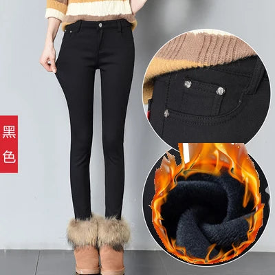 Damen Samt-Leggings Warm Gefüttert Winter – Denim-Optik Winterhose