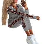 Damen Sweatset Langarm Kapuze Leopard Zwei Teile Bequem Streetwear Kordelzug