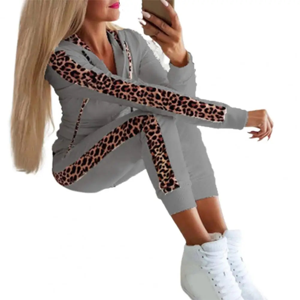 Damen Sweatset Langarm Kapuze Leopard Zwei Teile Bequem Streetwear Kordelzug