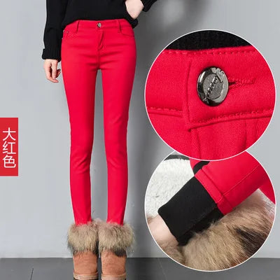 Damen Samt-Leggings Warm Gefüttert Winter – Denim-Optik Winterhose