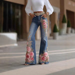 Damen Jeans Slim Fit Flare Blumendruck