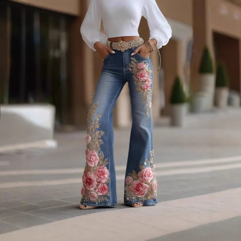 Damen Jeans Slim Fit Flare Blumendruck