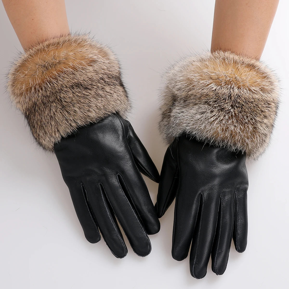 Damen Lederhandschuhe Echtes Schaffell Kaninchenfell Manschette Fleecefutter