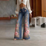 Damen Jeans Slim Fit Flare Blumendruck