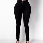 Damen Jeans High Waist Elastisch Denim Bleistift-Hose mit Knopfdekor