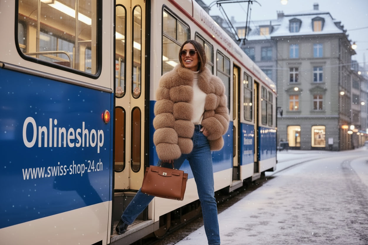 Luxus Wintermantel Damen Echter Fuchspelz Stehkragen Warm