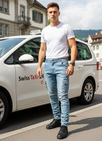 Herren Stretch Jeans Slim Fit Denim Retro Waschdesign Reissverschluss