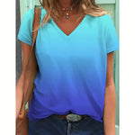Damen T-Shirt 3D-Druck Farbverlauf V-Ausschnitt Kurzarm Sommer