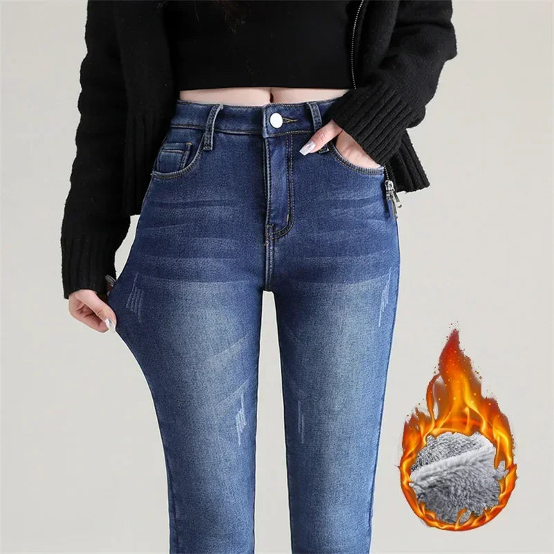 Damen Thermische Dünne Jeans Mom Stil Warme Fleece Denim Hose