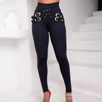 Damen Hose Slim Fit High Waist mit Schnallen-Dekor – Elegante Stoffhose