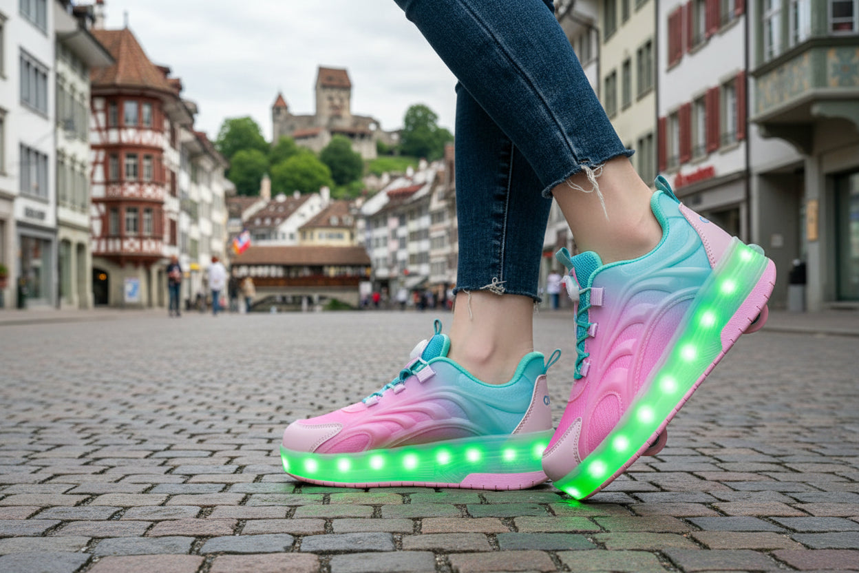 Kinder LED Rollschuh Turnschuhe Mit Rollen Leuchtende Sohlen USB Aufladung