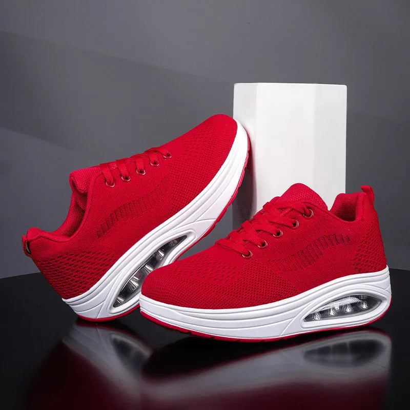 Damen Plateausneaker Rot Mesh Atmungsaktiv Dicke Sohle Sommer