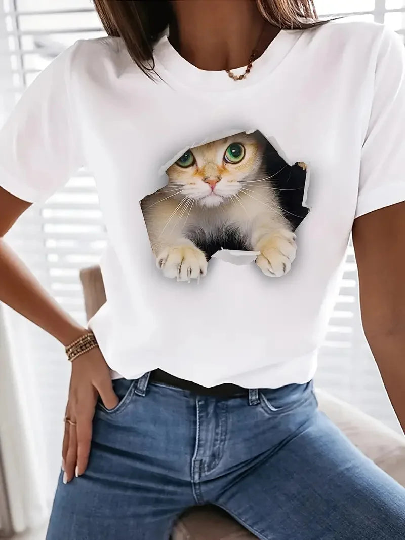 Süsses Katzen 3D-Druck T-Shirt Damen Rundhals Kurzarm