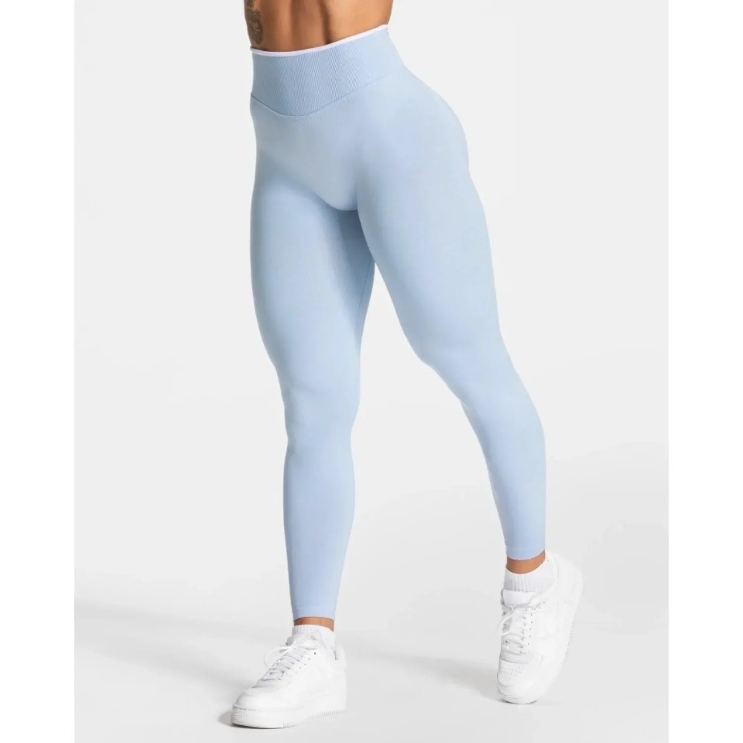 Damen Nahtlose Gym Hose Hohe Taille Weiss Rand Für Yoga Und Laufen
