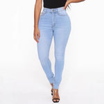 Damen Jeans High Waist Elastisch Denim Bleistift-Hose mit Knopfdekor