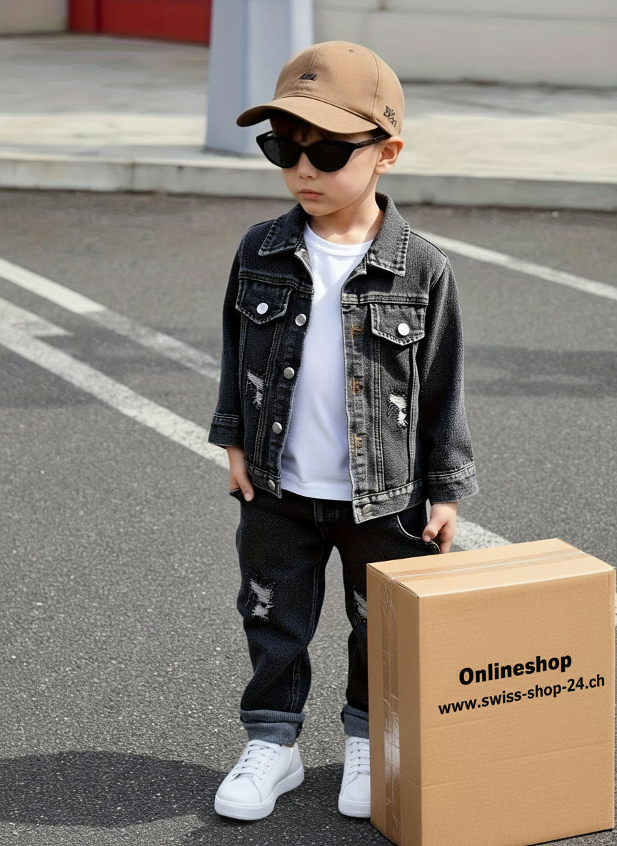 Jungen 3-Teiliges Jeansset Herbst Winter Jeansjacke Zerrissene Jeans Rundhals-Shirt