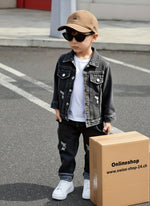 Jungen 3-Teiliges Jeansset Herbst Winter Jeansjacke Zerrissene Jeans Rundhals-Shirt