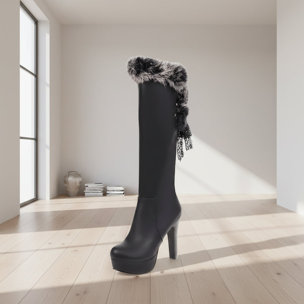 Kniehohe Damen Fellstiefel Stiletto Absatz Mit Fellfutter Warm