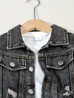 Jungen 3-Teiliges Jeansset Herbst Winter Jeansjacke Zerrissene Jeans Rundhals-Shirt