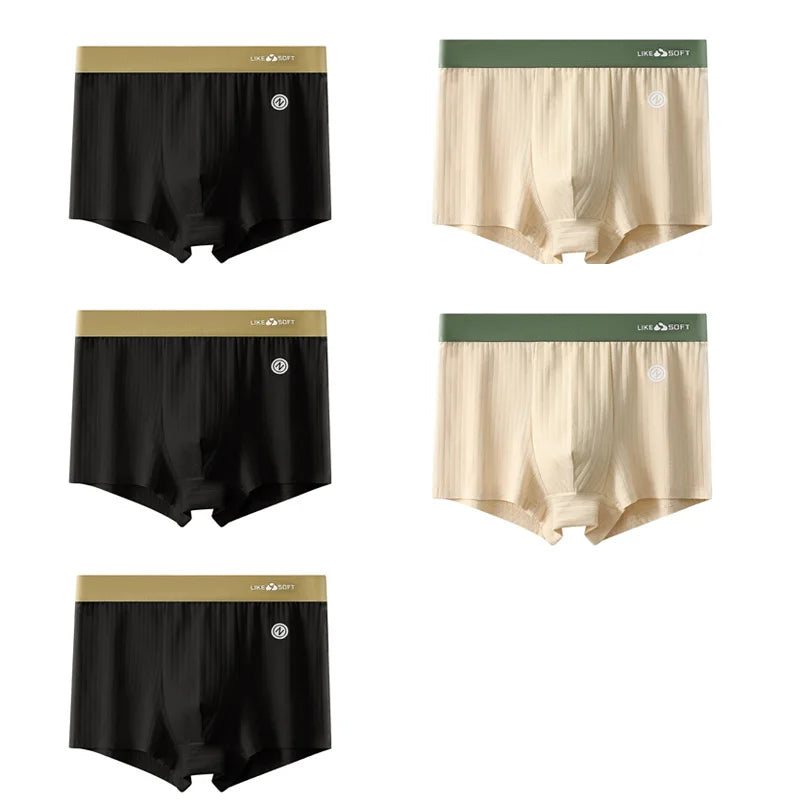 5er Pack gestreifte Herren-Boxershorts, Alltagskomfort und pflegeleicht; bunte Bündchen mit LIKE SOFT Logo.