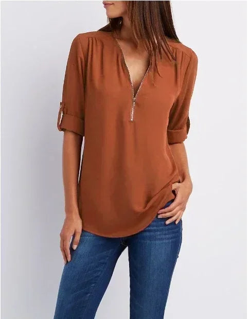 Chiffon Bluse Damen Locker Geschnitten Kühlende V-Ausschnitt Langarm
