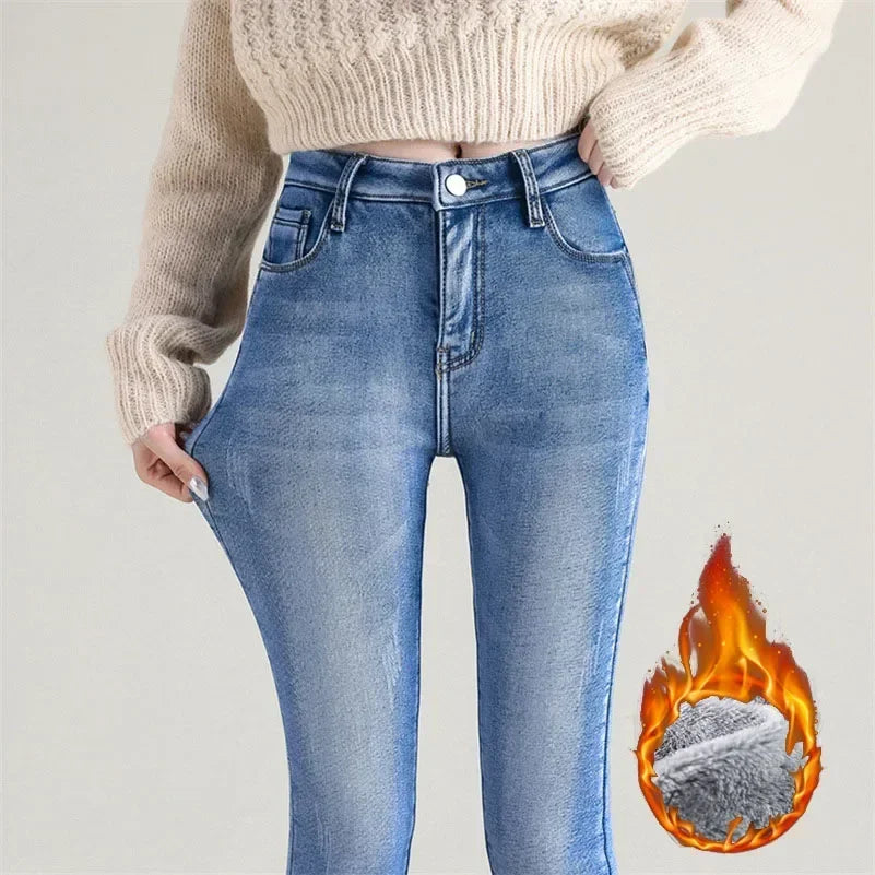 Damen Thermische Dünne Jeans Mom Stil Warme Fleece Denim Hose
