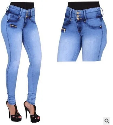 Damen Jeans High Waist Hellblau mit Schleifendekor – Bleistift-Hose