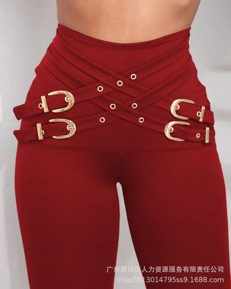 Damen Hose Slim Fit High Waist mit Schnallen-Dekor – Elegante Stoffhose