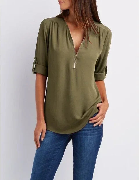 Chiffon Bluse Damen Locker Geschnitten Kühlende V-Ausschnitt Langarm