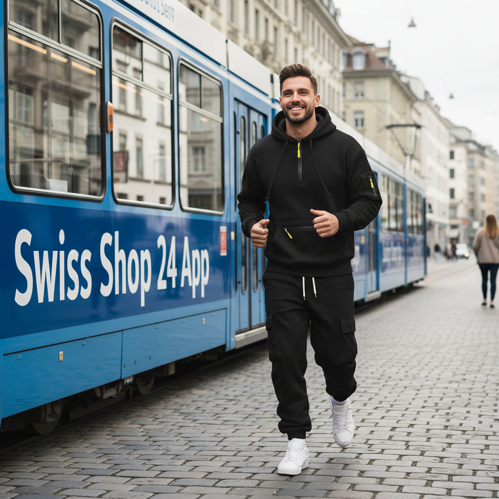 Herren Fleece Sportanzug Mit Reissverschlusspullover Und Mehrfachtaschen