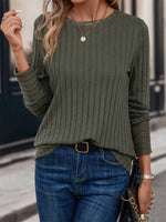 Einfarbiges Geripptes Damen-Langarmshirt mit Rundhalsausschnitt