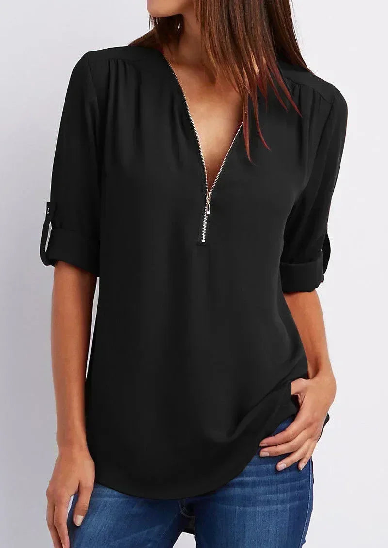 Chiffon Bluse Damen Locker Geschnitten Kühlende V-Ausschnitt Langarm