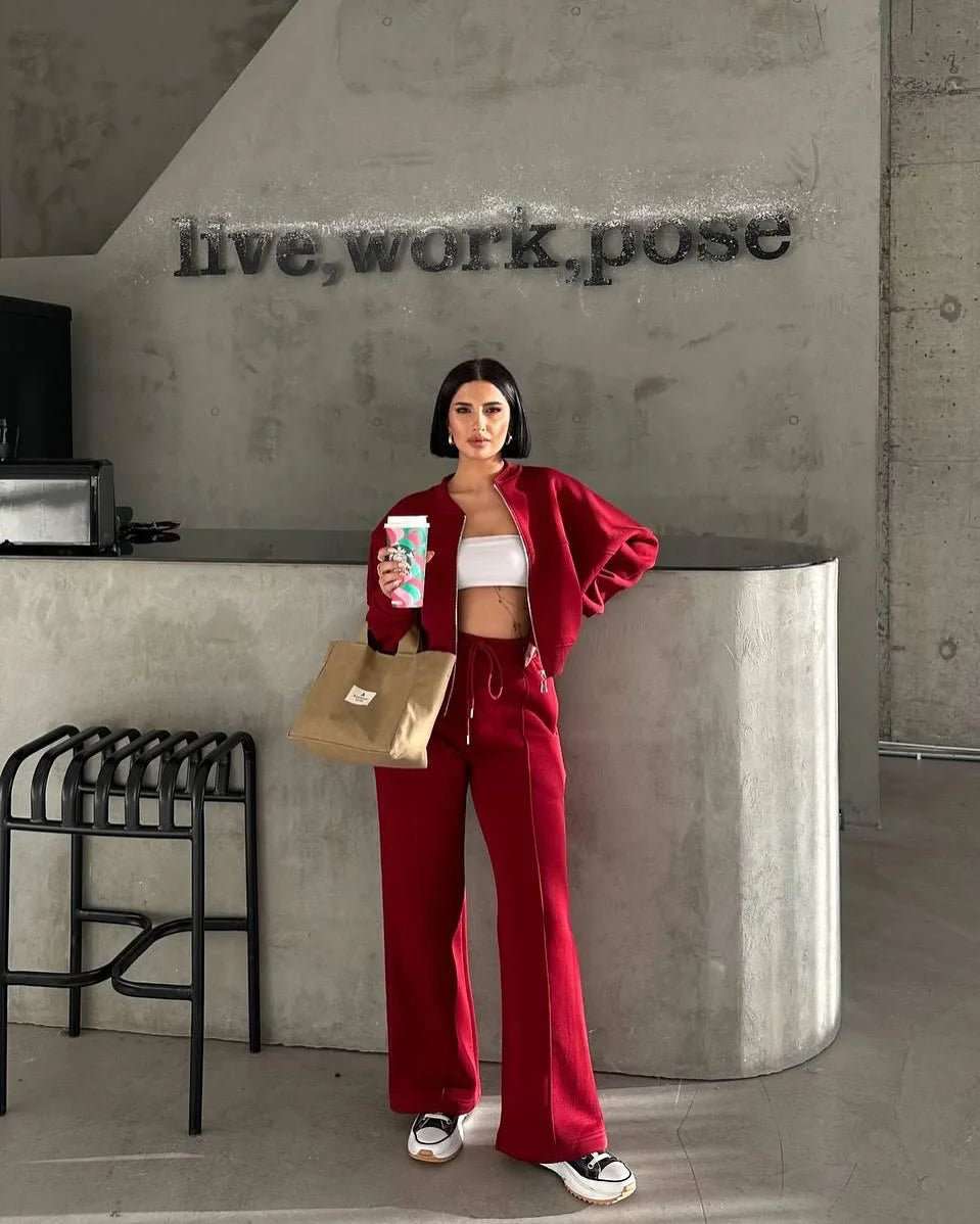 Damen Sweatset Mit Reissverschlussjacke Und Elastischer Taille Frühling Herbst