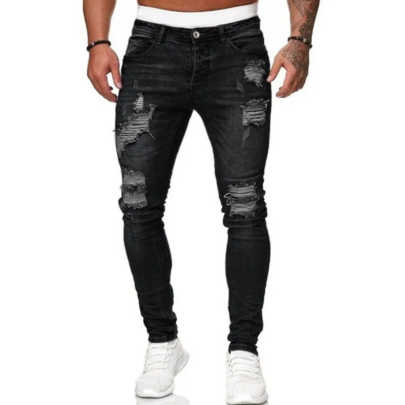 Herren Jeans Slim Fit Zerrissene Denim Hose Street Style