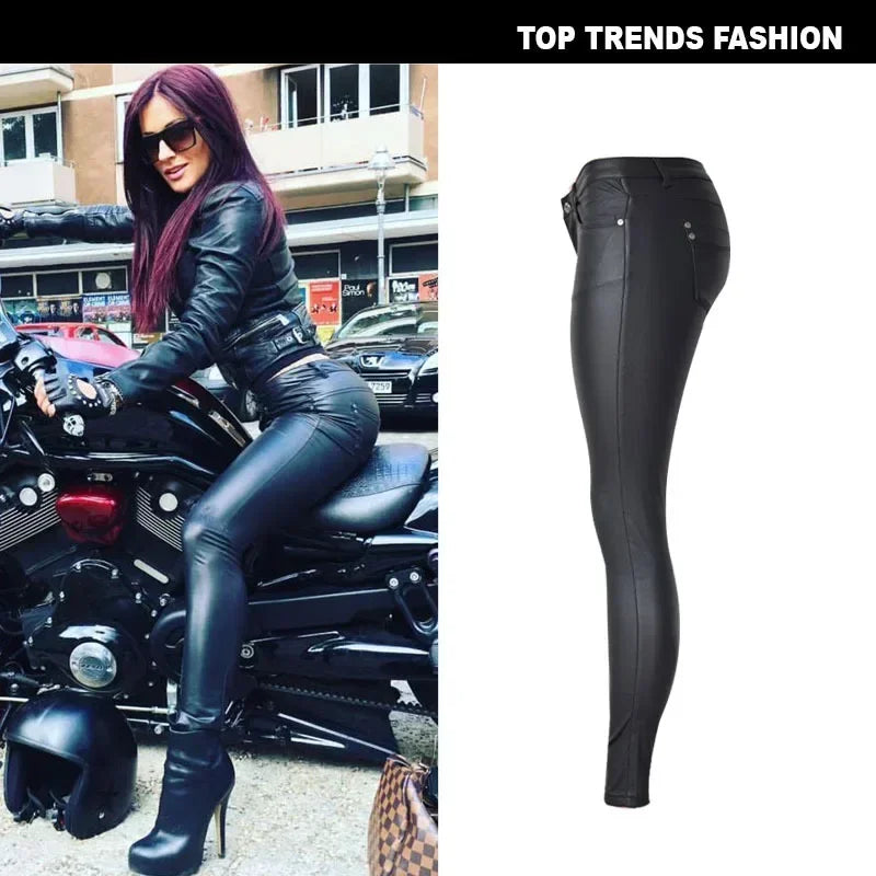 Damen Kunstleder-Hose Low Waist PU-Leder Stretch – Lederlook-Hose
