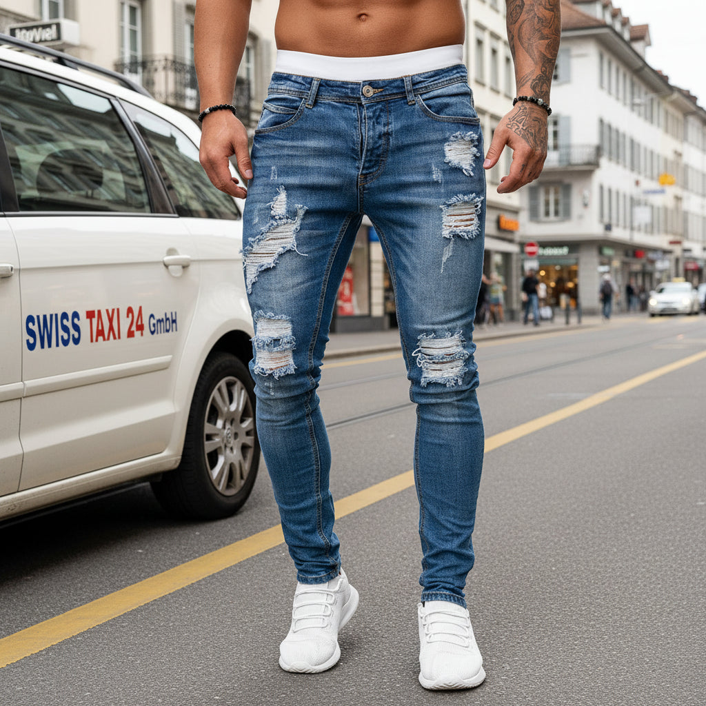 Herren Stretch Jeans Slim Fit Denim Retro Waschdesign Reissverschluss