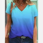Damen T-Shirt 3D-Druck Farbverlauf V-Ausschnitt Kurzarm Sommer