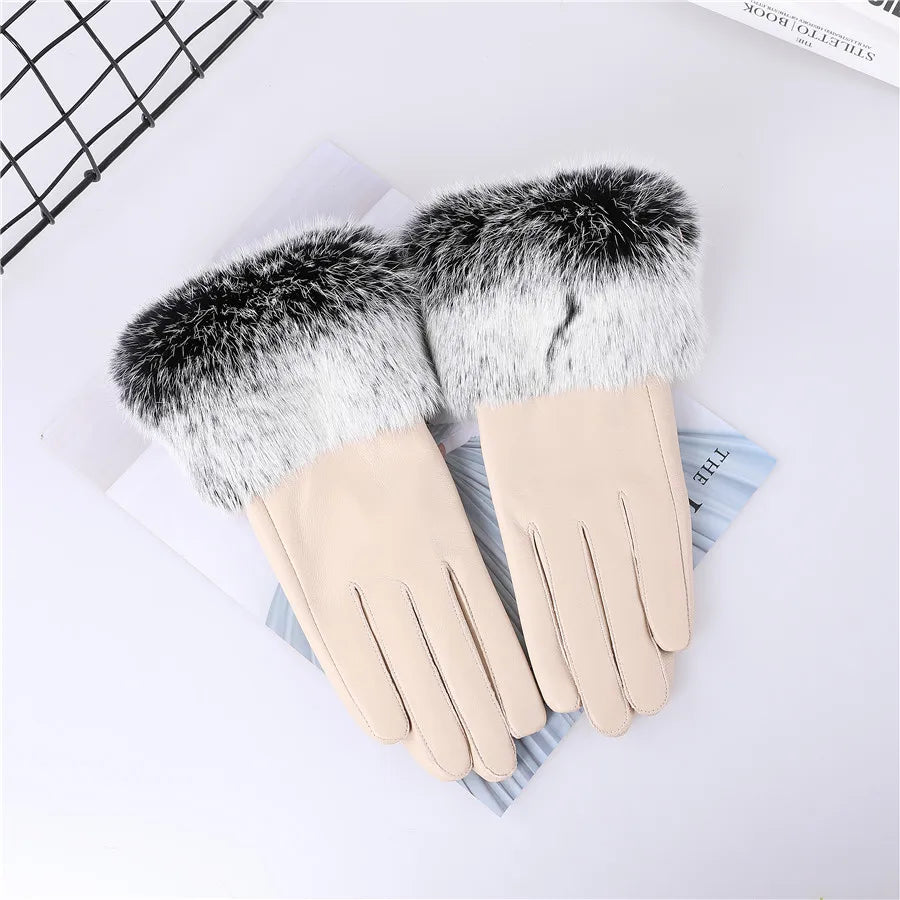 Damen Lederhandschuhe Echtes Schaffell Kaninchenfell Manschette Fleecefutter