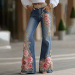 Damen Jeans Slim Fit Flare Blumendruck